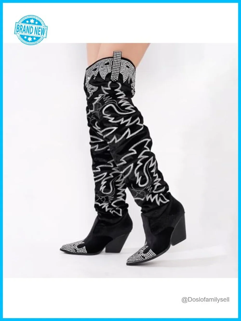 Rhinestone Embroidered Thigh High Slouchy Wide Calf Pull On Boots with Memory